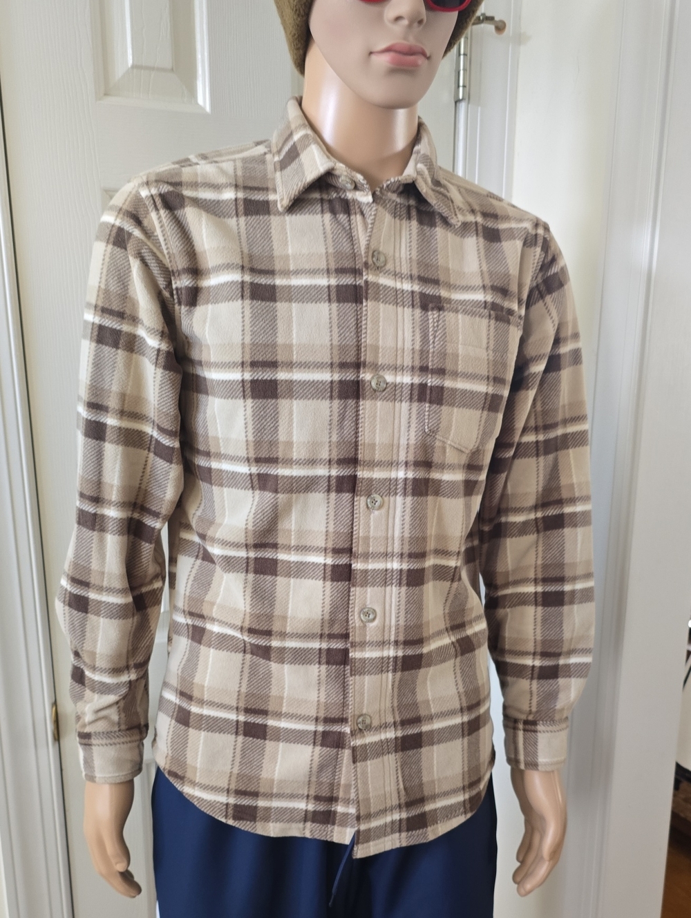 Eddie Bauer Brand Men's Brown Long-Sleeves Front Button Plaid Fleece Size Small